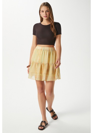 Kadın Juliet Sarı Çiçek Desen Astarlı Volanlı Mini Şifon Dokuma Etek