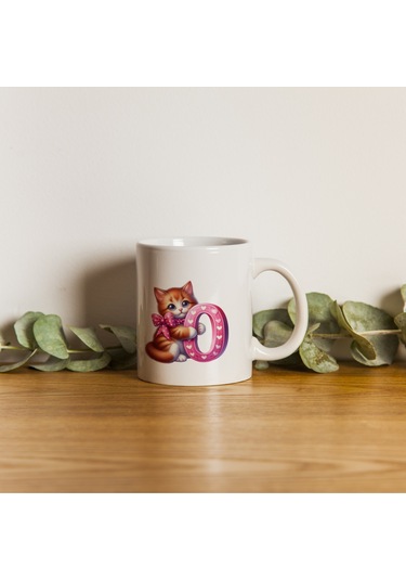 O Harfli Bardak, Sevimli Kedili Pembe Tasarım Bardak, Arkadaşa Aileye Hediye Porselen Beyaz