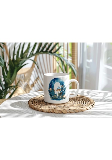 O Baş Harfi Fantastik Mantarlı Kupa Bardak - Kişiye Özel Masalsı Bardak - Hediye Beyaz