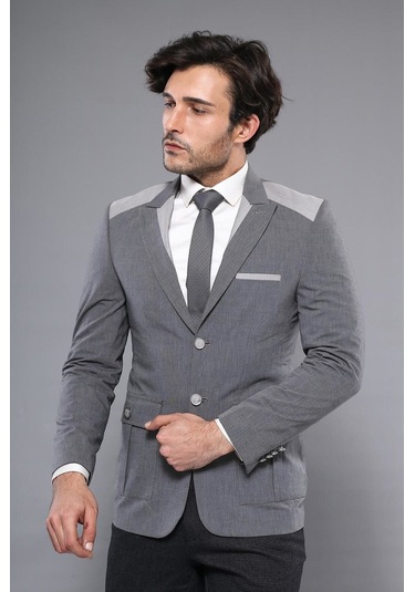Çift Düğmeli Cepli Sivri Yaka Gri Erkek Ceket - Wessi Gri