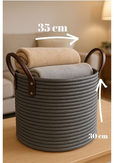 Maisoné Deri Saplı Hasır Görünümlü Jüt Sepet Battaniye Sepeti Oyuncak Sepeti Antrasit