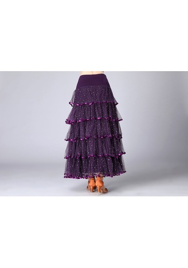 Sones Pullu Salıncak Modern Dans Uzun Etek Yarışma Kostümü Mor