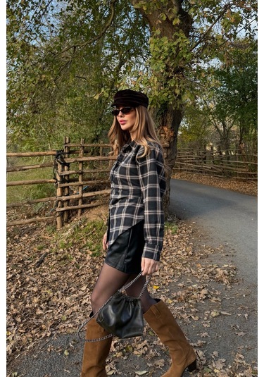 Siyah Bağlama Detaylı Ekoseli Gömlek - 25250 Siyah