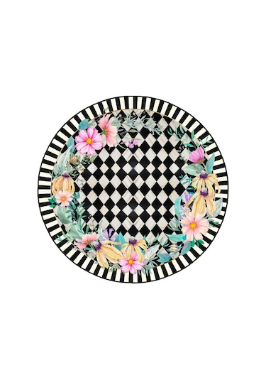 Zeminde Bir Bahçe Doğayla Geometrinin Buluştuğu Nokta Dekoratif Kaymaz Taban Yuvarlak Halı Siyah - Beyaz