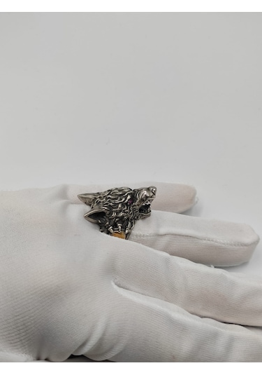 Kurt Kafası Mor Taşlı Erkek Yüzüğü 25 Mm 925 Ayar Gümüş Yüzük