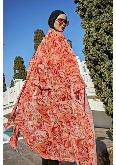 Remsa Mayo Remsa Tesettür Mayo Üzerine Tek Kaftan Kimono Pareo Rp007 Melis Turuncu