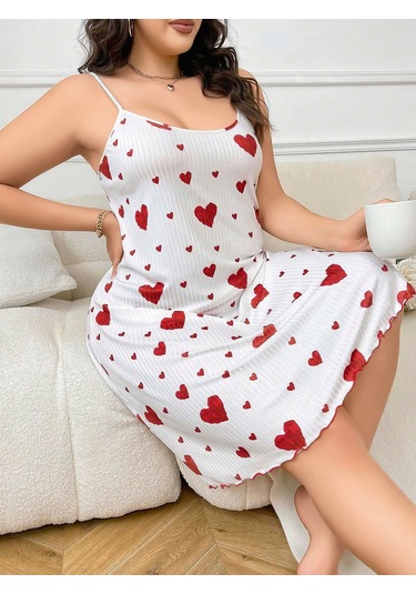 Arias Closet Büyük Beden Kalp Desen Pamuklu İnce Askılı Uzun Gecelik Beyaz