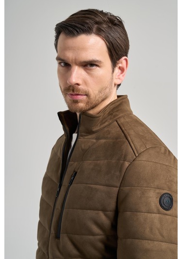 Koyu Haki Dik Yaka Yan Cep Dolum Şişme Standart Fit Esnek Casual Deri Mont 1038245167 Haki