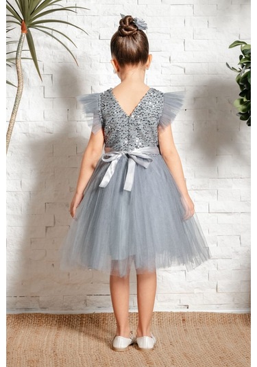 Tüllü Kız Çocuk Kpl Elbise Mnk0526 Gri