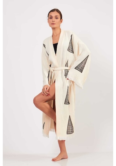 Befera Müslin Kimono Pamuklu Piramit Desenli Bornoz Kaftan Sabahlık Ekru
