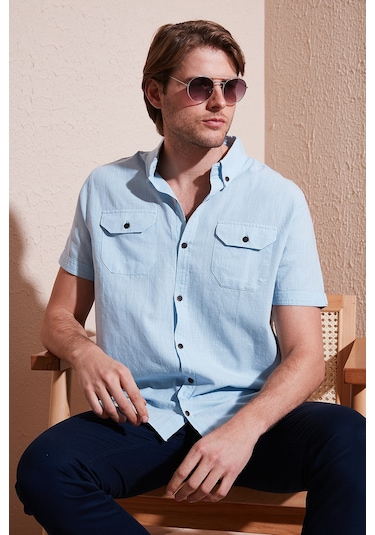 Buratti Düğmeli Yaka Pamuklu Slim Fit Cepli Erkek Gömlek Cf21S111153 Açık Mavi