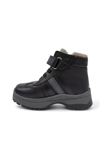Tekiner Hakiki Deri Gerçek Kürklü Unisex Çocuk 3 Çizgi Bot Siyah