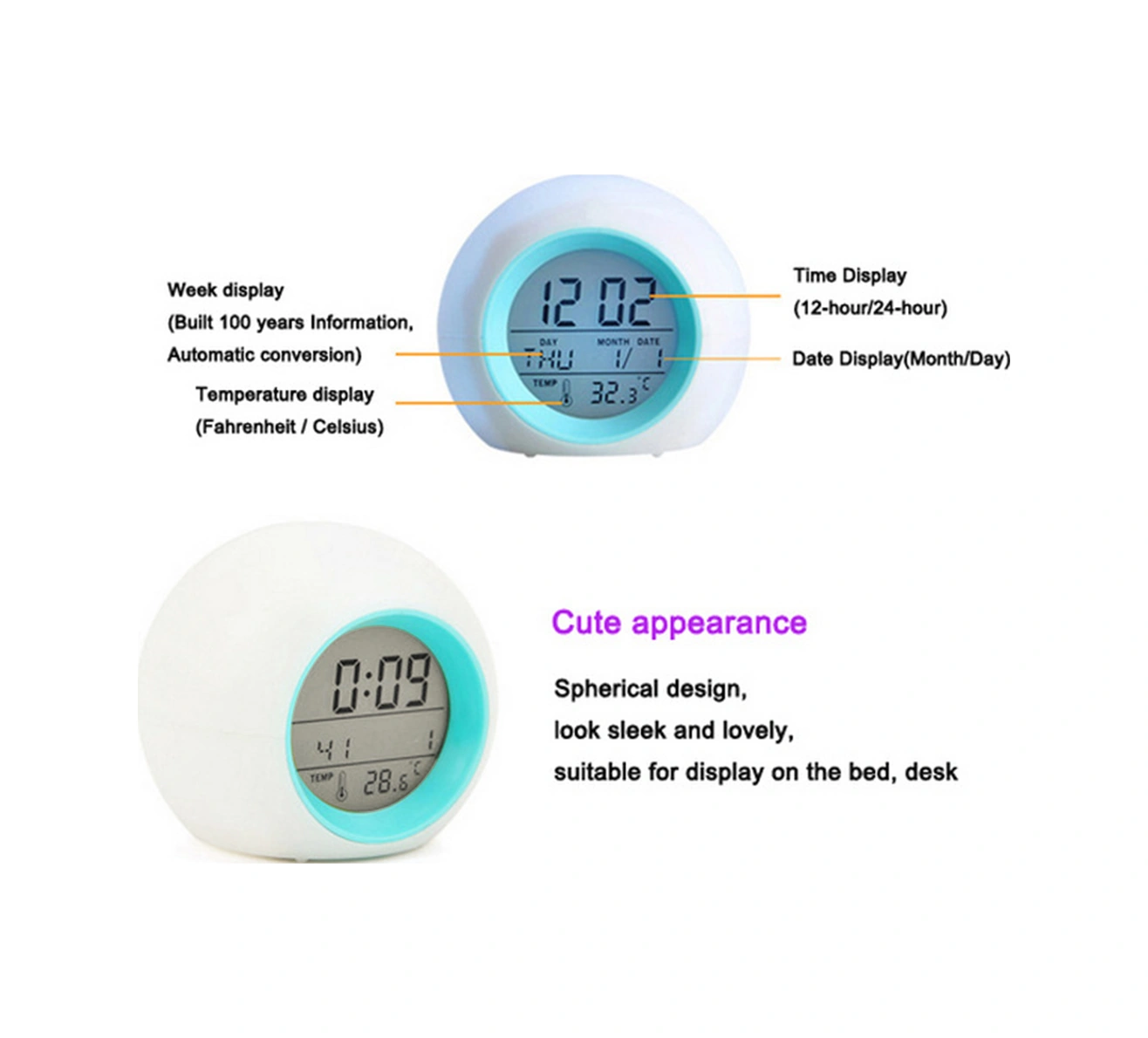Youtek Mavi 7 Renkli Işıklı Led Masaj Saati - Doğal Sesli Alarm, Saat/tarih/sıcaklık Göstergeli, Çocuk Dost Abs Malzeme Pil Dahil Değil Mavi