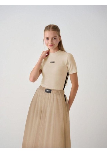 Kız Çocuk Yarım Balıkçı Yaka Tül Tasarım Etekli Takım-14934 Bej