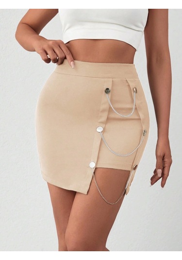 Zincirli Mini Etek S241008 Bej
