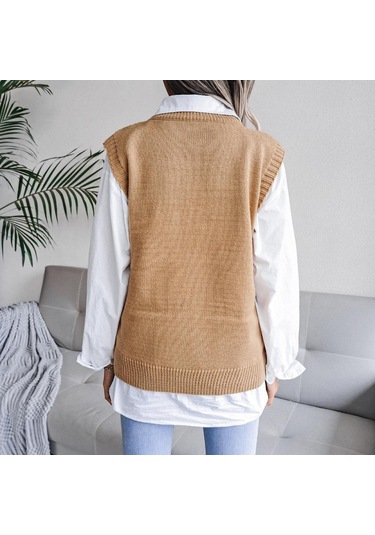 Kadın Sonbahar Kış Bisiklet Yaka Kesim Düz Renk Kolsuz Yaprak Örgü Tank Kazak Sl Haki