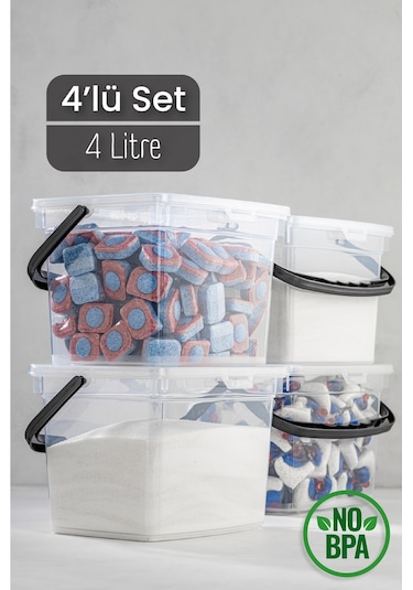 Vienev 4lü 4 Litre Toz Tablet Deterjan Saklama Kabı - Deterjan Kutusu, Toz Tablet Deterjan Kabı Beyaz