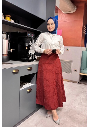 Etk005 Yandan Fermuarlı Kraşlı Kloş Etek Bordo