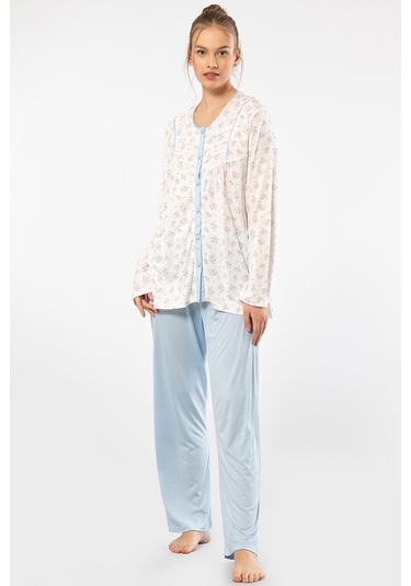 Türen 3367 Kadın Büyük Beden Uzun Kollu Pijama Takım-mavi Mavi