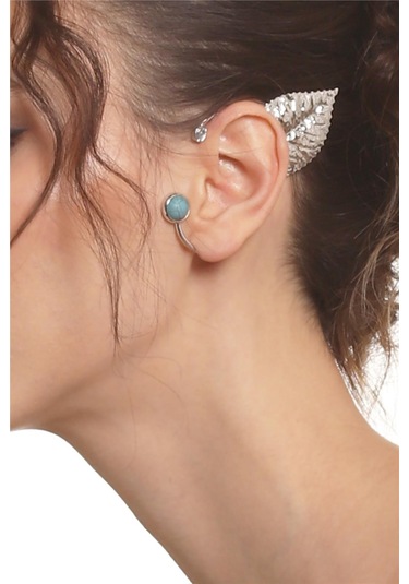 Kadın Gümüş Renk Lak Kaplama Taşlı Dokulu Yaprak Stilizesi Sol Kulak Earcuff & Kıkırdak Küpe Çok Renkli