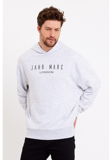 JAHR MARC Baskılı Kapüşonlu Gri Oversize Erkek Sweatshirt Gri