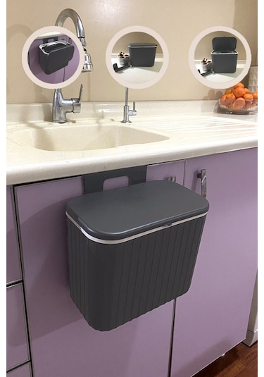 Biltaş Plastik Vailo Gri Çizgili 8 Lt Mutfak Tezgah Üstü Ve Dolap Askılı Çöp Kovası Gri