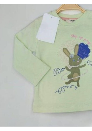 Kız Bebek Tavşan Baskılı Pamuklu İnce Uzun Kollu Bluz-14900 Yeşil