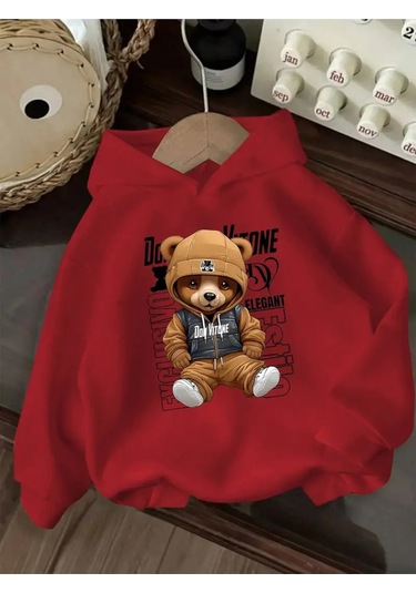 Kışlık Kapüşonlu Sweatshirt, Çocuk Ayıcık Baskılı Kırmızı