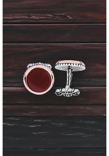 Gümüş Akik Taşlı Yuvarlak Model Kol Düğmesi -5757 Gümüş