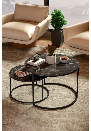 Orta Sehpa Bade İkili Lüx Yan Sehpa Masa Bendir Siyah