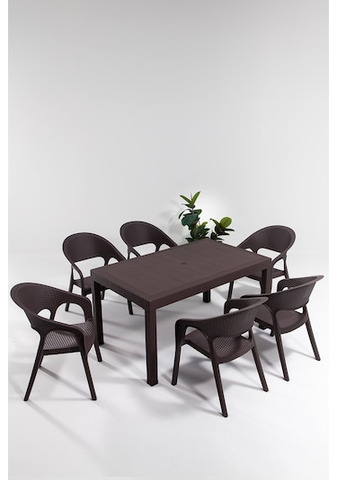 Kahverengi Garden Large Rattan Masa Takımı Kahverengi
