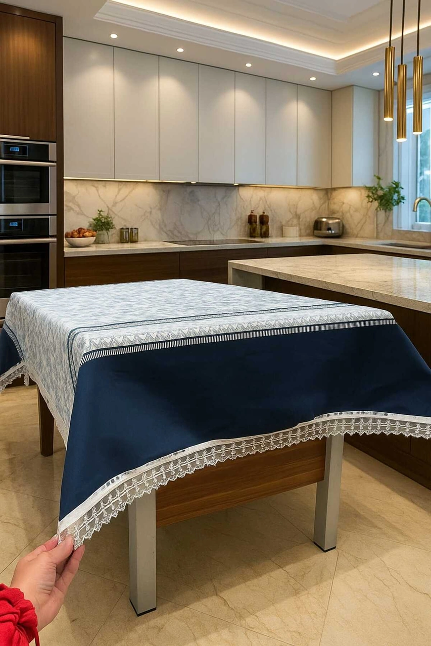 Lüks Mavi Beyaz Çiçek Desenli Masa Örtüsü Dantel Detaylı Şık Ev Dekoratif Sofra Örtüsü Lacivert