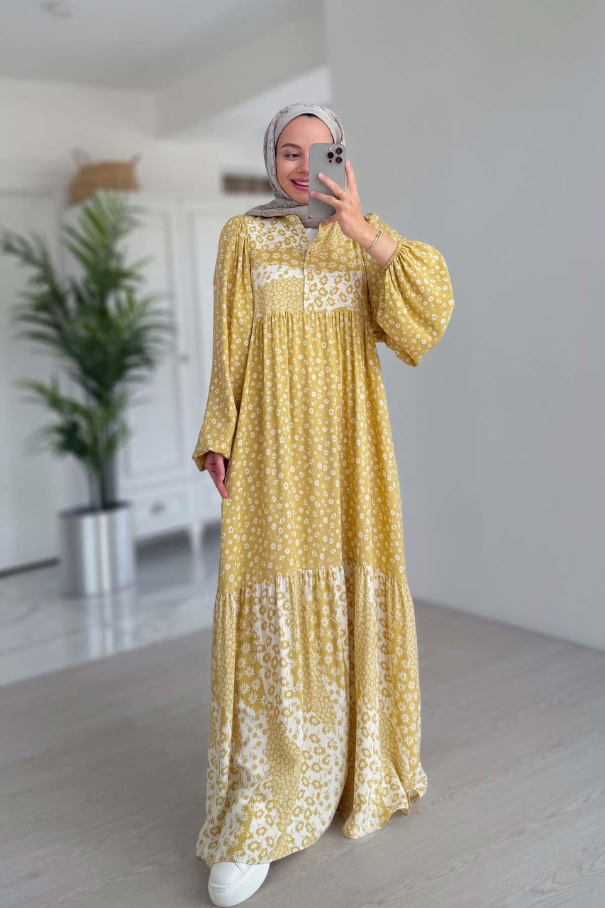 Çiçek Desenli Kuşaklı Elbise - Sarı Sarı