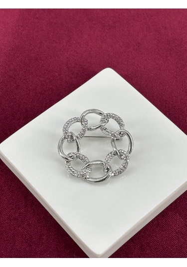 Gümüş Taşlı Ve Silver Detaylı İç İçe Geçmiş Halka Figürlü Silver Broş Silver
