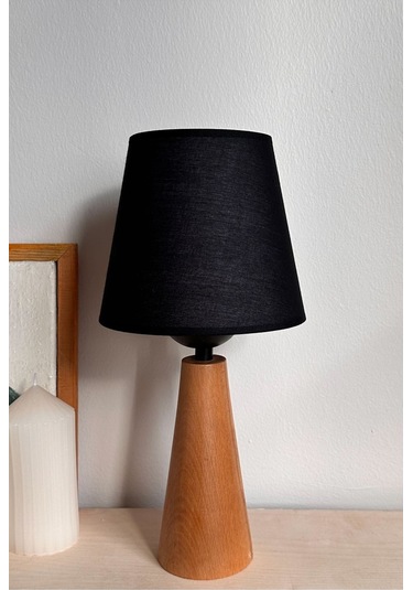 Bohem Ahşap Ayaklı Konik Abajur - Siyah Siyah