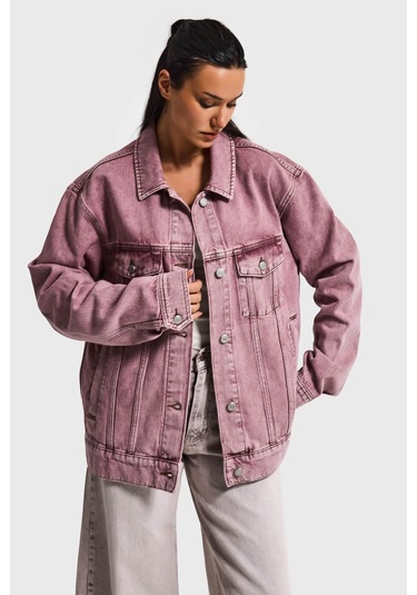 Kadın Lila 3s6-98 Oversize Özel Yıkamalı Bol Kesim Denim Ceket
