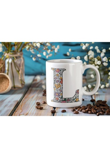 L Baş Harf Çiçek Desenleri İle Natural Tarz Kupa Bardak - Kişiye Özel Çiçekli Kahve Çay Bardak - Beyaz