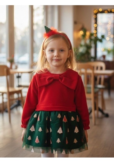 Kız Çocuk Büyük Fiyonklu Yılbaşı Temalı Taçlı Elbise-16403 Kırmızı