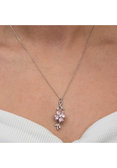 Gümüş Dönen Pembe Yonca Kadın Kolye Sl9052 Gümüş
