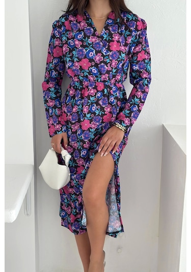 Asprin Fashion Çiçek Desenli Elbise Mor Mor