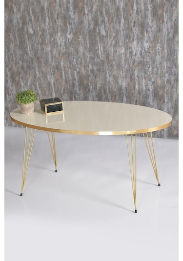 Goldfalez Elips Set  Tel Ayak Zigon ve Orta Sehpa Altın - Krem