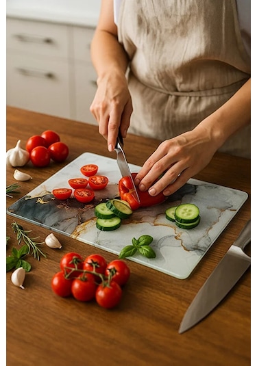 Cam Kesme Tahtası, Kesme Tablası Kenarları Oval, Antibakteriyal, Sunum Tahtası Siyah Siyah