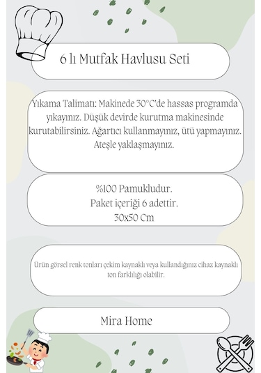 6'lı Mutfak Havlusu Seti 30x50 Cm %100 Pamuklu Kare Çok Renkli