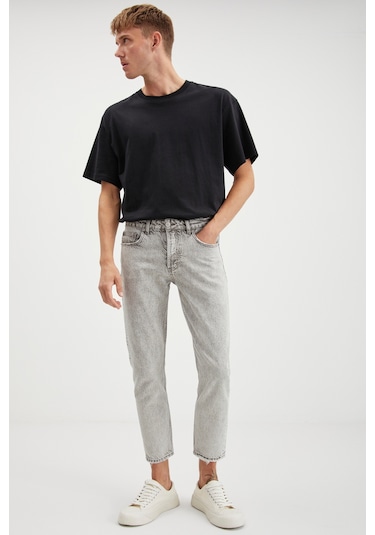 Gılberto  Erkek Carrot Fit Havuç Paça Eskitme Yıkamalı Kalın Dokulu Denim Açık Gri Jeans