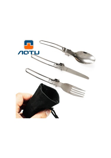 Aotu At6387 Dış Mekan Paslanmaz Çelik Katlanabilir Bıçak + Çatal + Kaşık Kamp, Yürüyüş Vb. İçin 3'ü 1 Arada Set.