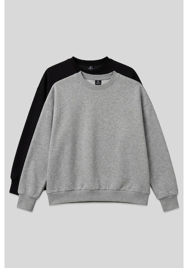 Basic Oversıze O Yaka 2li Paket Siyah-gri Melanj Kadın Sweatshirt - 97053 Siyah - Gri