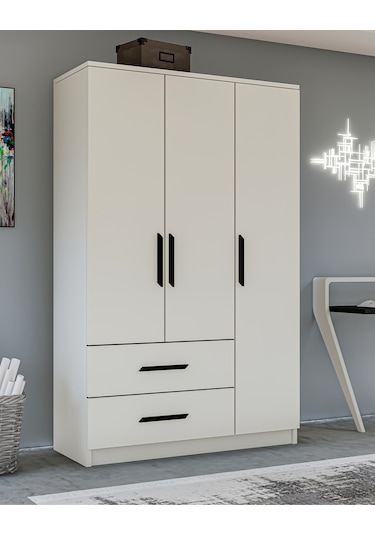 Gm 176 Modena 3 Kapı 2 Çekmeceli Siyah Kulplu Beyaz Gardrop