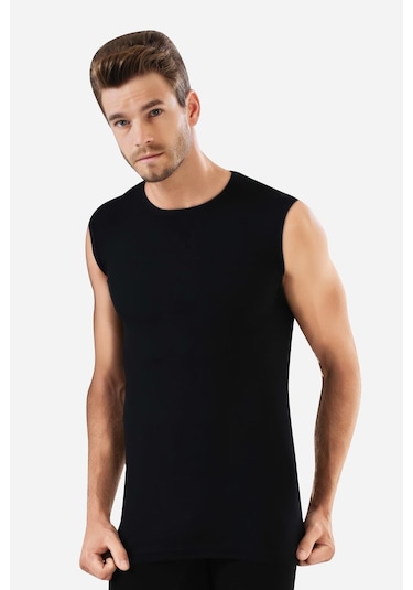 Erkek Pamuklu Siyah Tişört Sıfır Kol Sıfır Yaka Kolsuz Atlet 2'li Paket Siyah