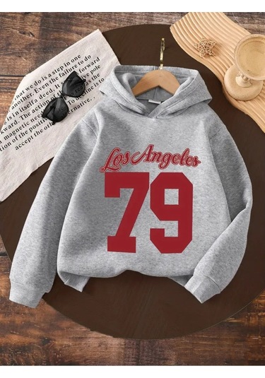 Kışlık Kapüşonlu Sweatshirt, Çocuk Los Angeles 79 Baskılı Gri