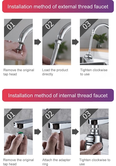 Pazly--360 Dönebilen Musluk Başlı Musluk Su Musluğu Genişletici Gümüş